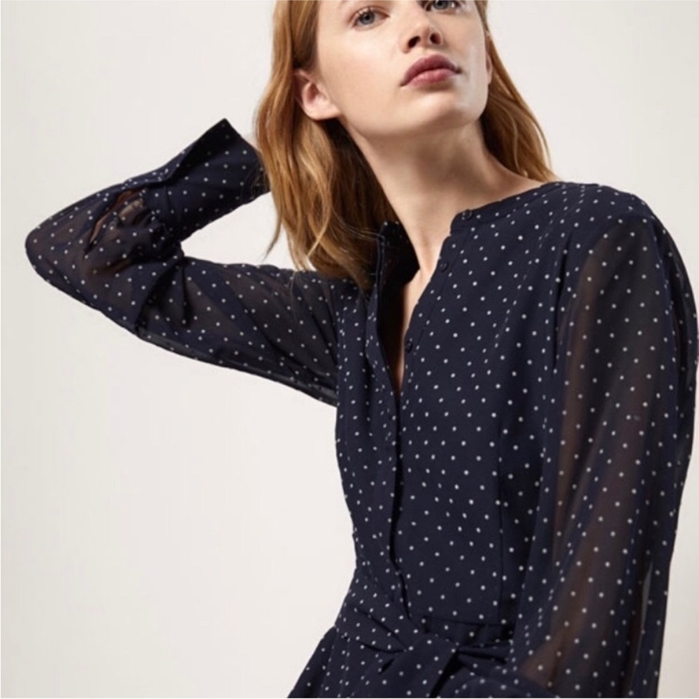 MASSIMO DUTTI Navy Blue Flocked Polka Dot Long Sleeve Fit & Flare Dress Women 10 - Picture 3 of 16